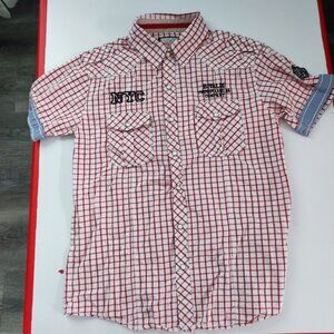 Rivaldi button down shirt men's size M red white check vintage western style